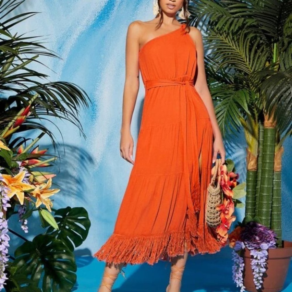 orange One Shoulder Fringe Trim Thigh split Ruffled Hem Dress - Picture 5 of 6